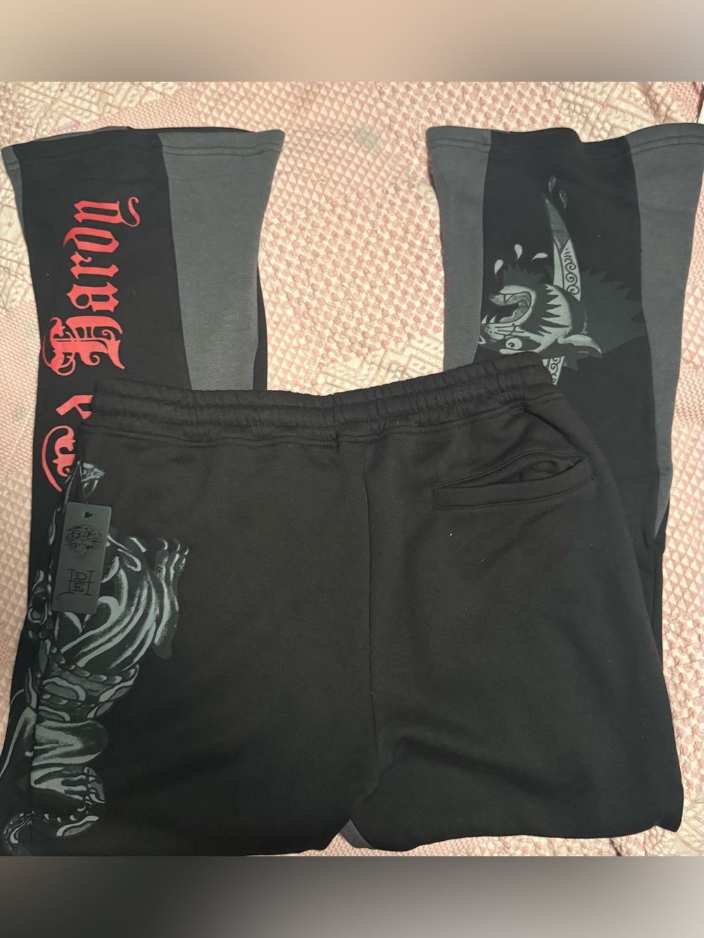 Ed Hardy Black Sweatpants with Red Script and Gray Graphic Panels NWT